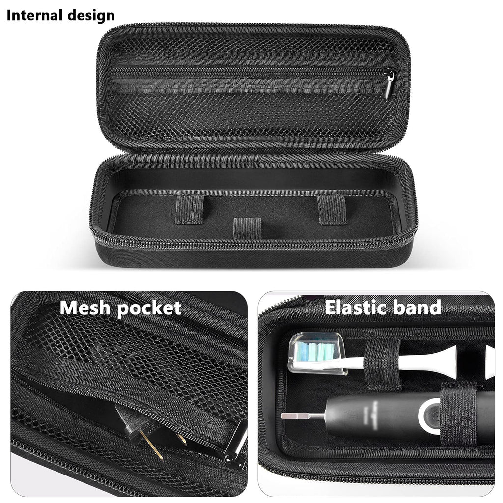 Black toothbrush case interior with mesh pocket, elastic bands, and molded compartments