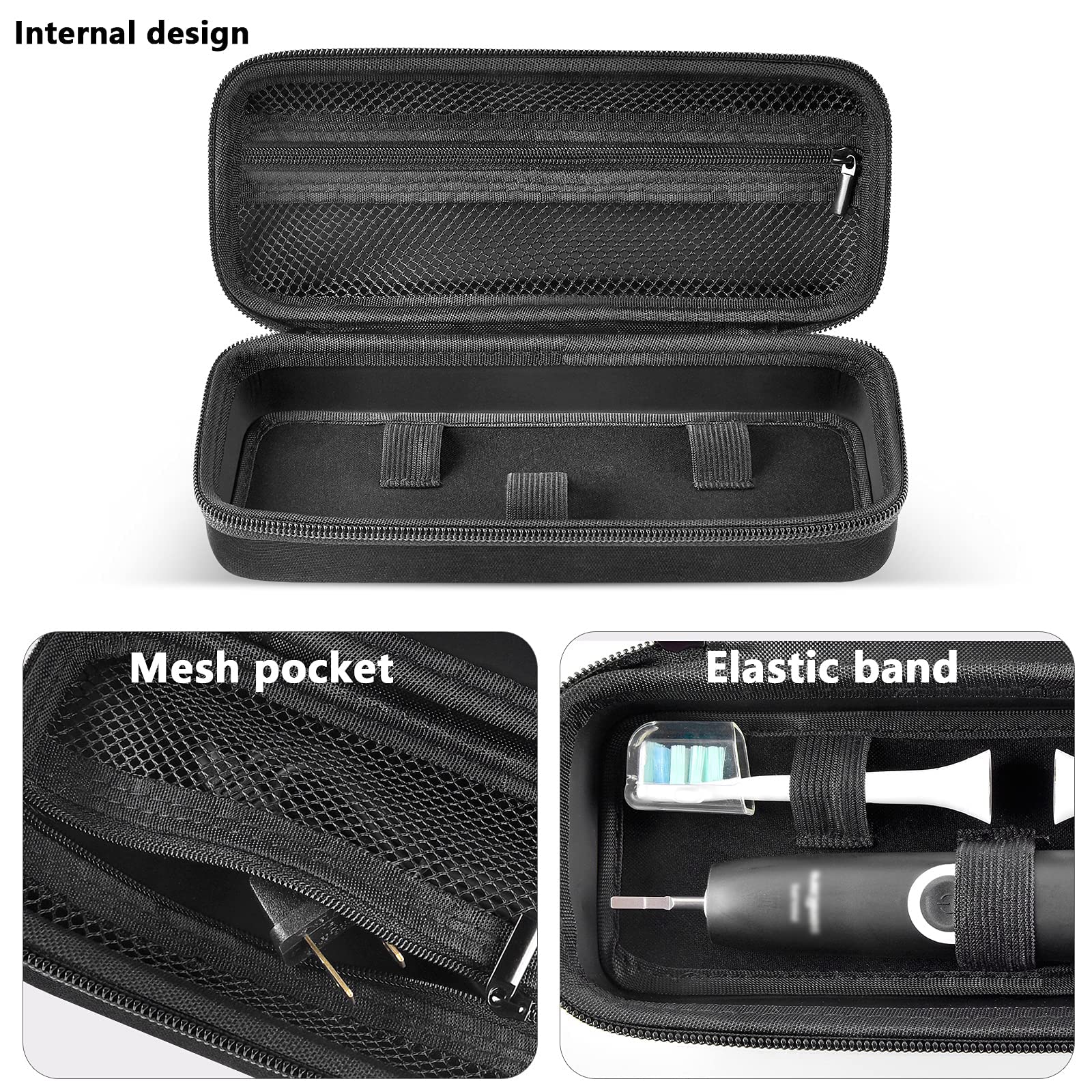 Black toothbrush case interior with mesh pocket, elastic bands, and molded compartments