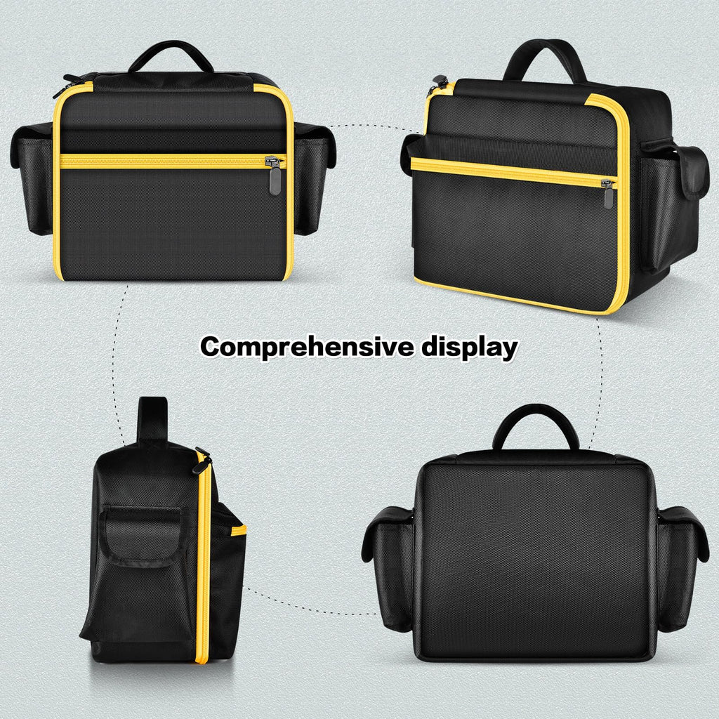 Black and yellow portable air compressor bag shown from front, back, side, and bottom