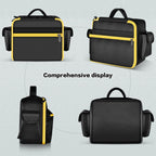 Black and yellow portable air compressor bag shown from front, back, side, and bottom