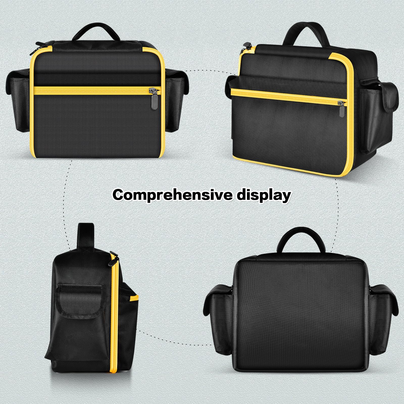 Black and yellow portable air compressor bag shown from front, back, side, and bottom
