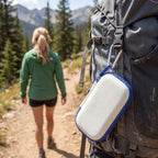 White SanDisk SSD case clipped to a hiking backpack