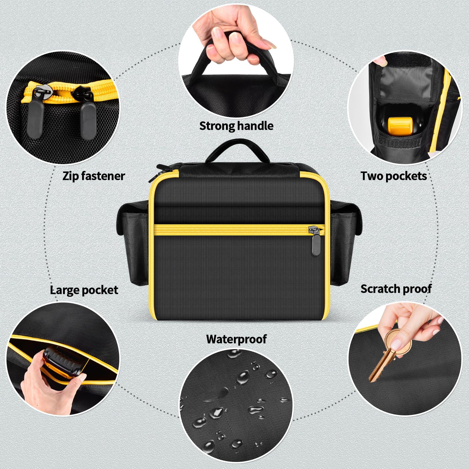 Black and yellow compressor bag with handle, zipper, pockets, waterproof fabric, and scratch-resistant shell