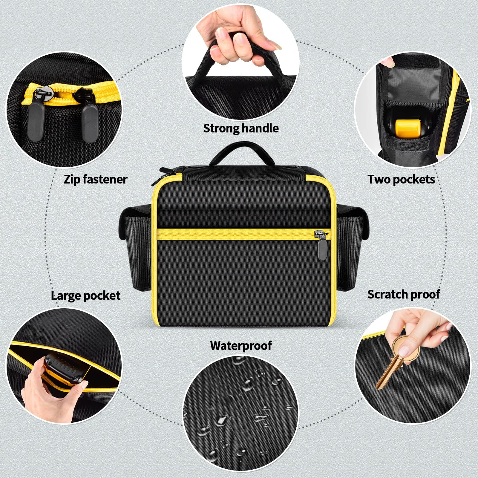 Black and yellow compressor bag with handle, zipper, two pockets, waterproof fabric, and scratch protection