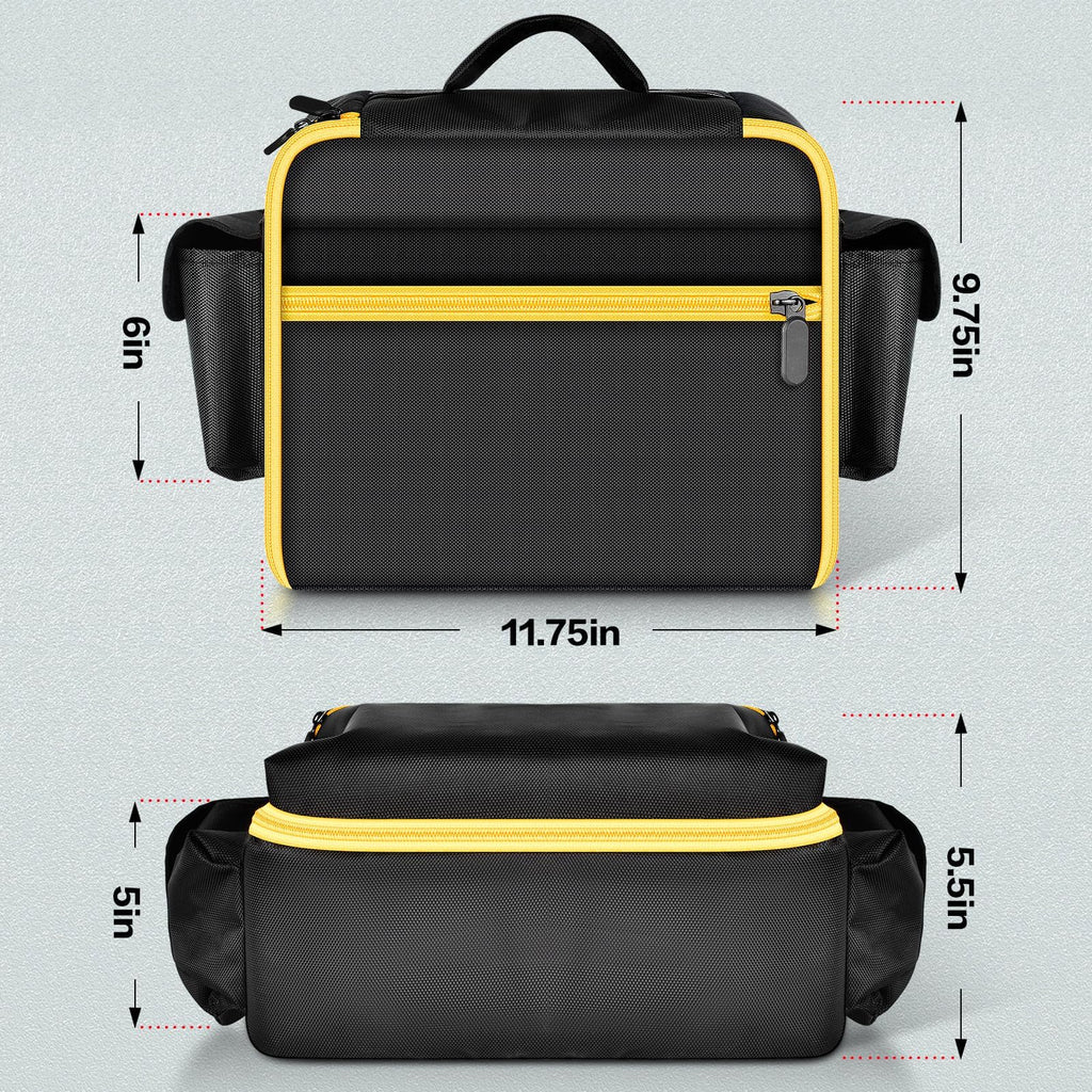 Black and yellow air compressor bag dimensions: 11.75 by 9.75 by 6 inches