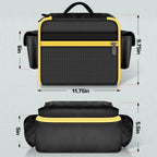 Black and yellow air compressor bag dimensions: 11.75 by 9.75 by 6 inches
