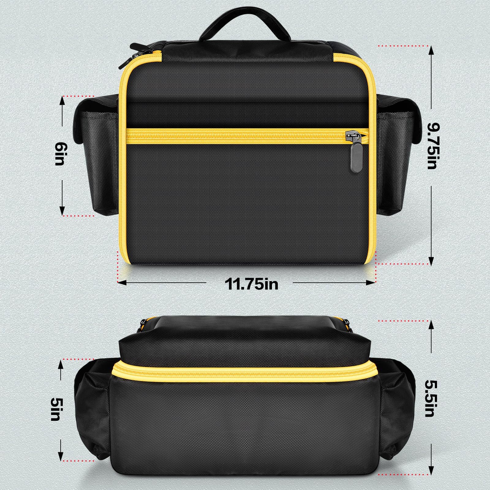 Black and yellow air compressor bag dimensions: 11.75 by 9.75 by 6 inches